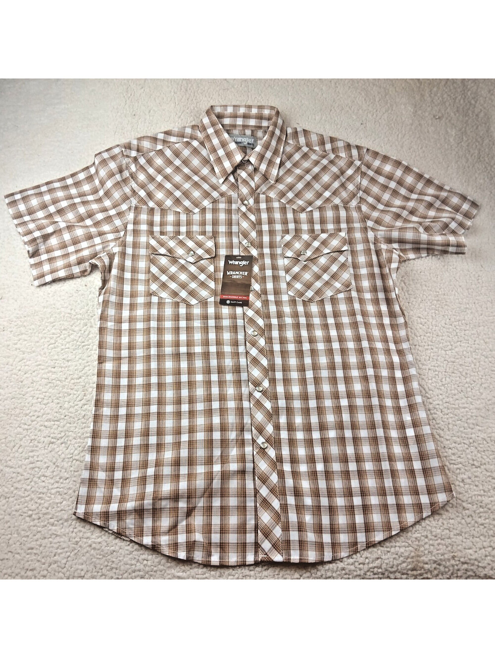 Wrangler Wrancher Western Pearl Snap Mens Beige Plaid Cowboy Pockets Shirt sz. M
